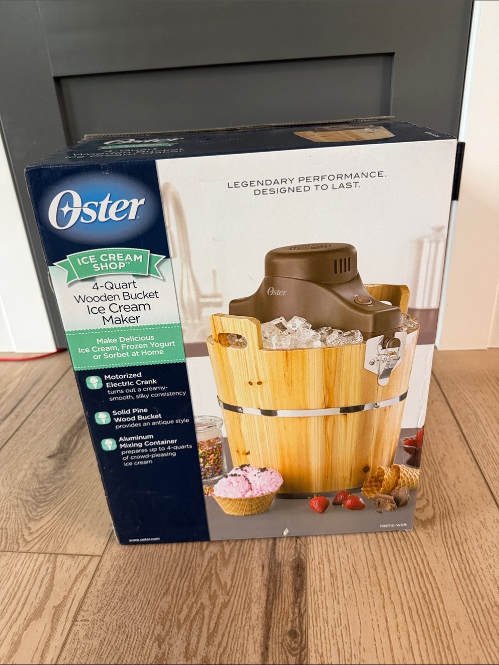 Oster Ice Cream Maker with Wood-Style Bucket and Brown Top